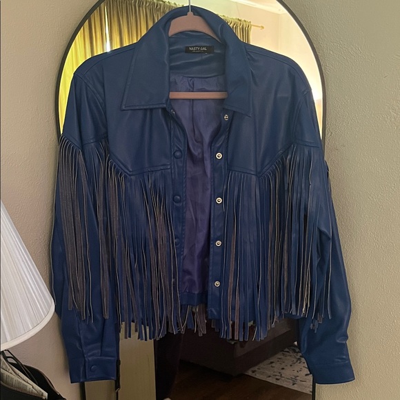Nasty Gal Jackets & Blazers - Nasty Gal Royal Blue Faux Leather Fringe Jacket Western Cropped Shacket Size L